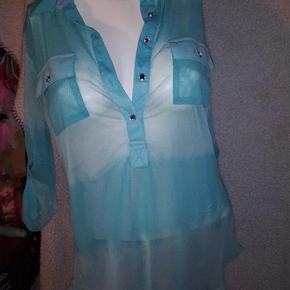 INC International Concepts Baby Blue Sheer Long Sleeve Blouse - Picture 3 of 10
